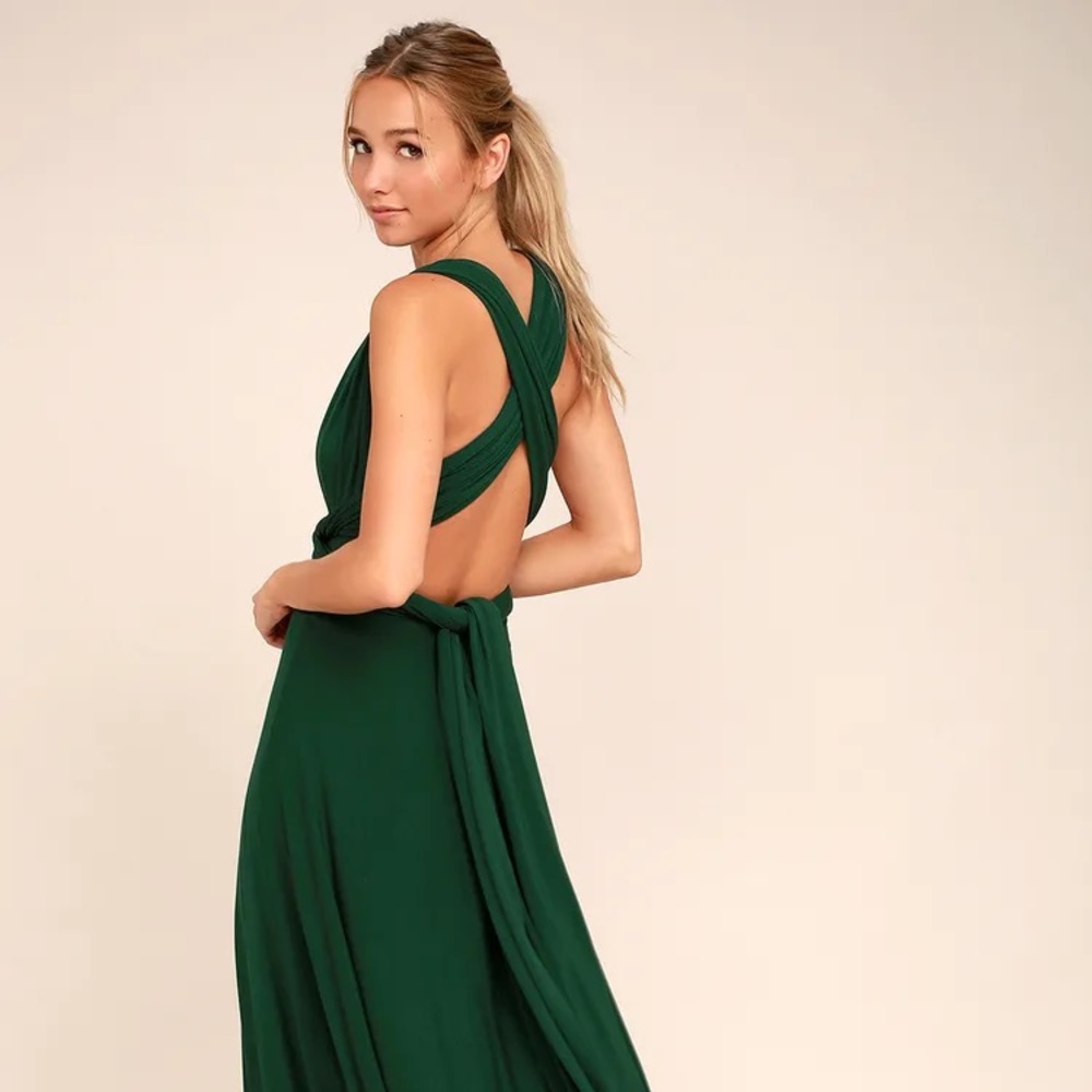 Lulu’s tricks of the trade bridesmaid dress, emerald forest green convertible XS
